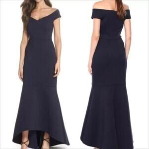 Eliza J Hi-Low Mermaid Scuba Knit Gown Dress Sz 4 Navy Blue Off the Shoulder